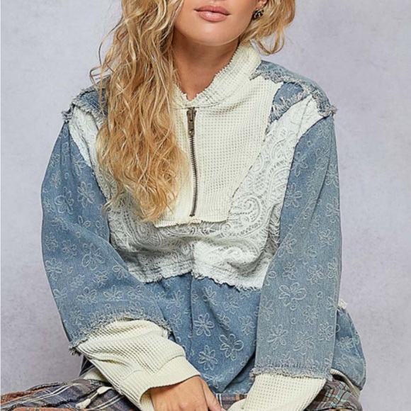 New! POL Blue and Cream Patchwork Jacket - Picture 1 of 1